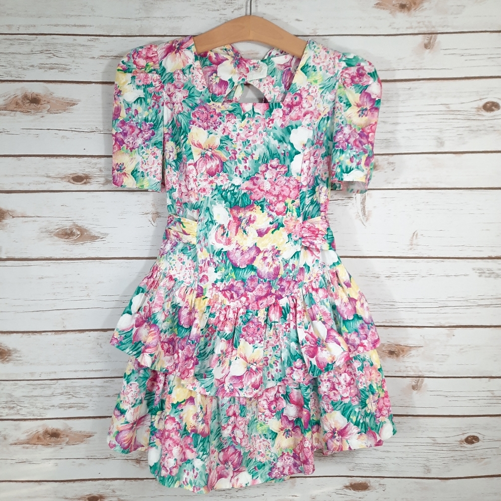 Vintage Racing Ribbons Floral Print Tiered Skirt Cottagecore Dress Cut Out Back